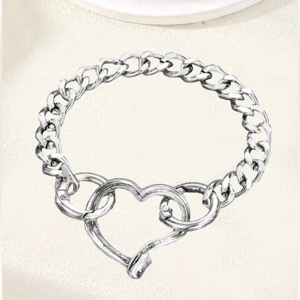 Stainless Steel Heart Bracelet Chain Link Boho Hammered Statement Piece